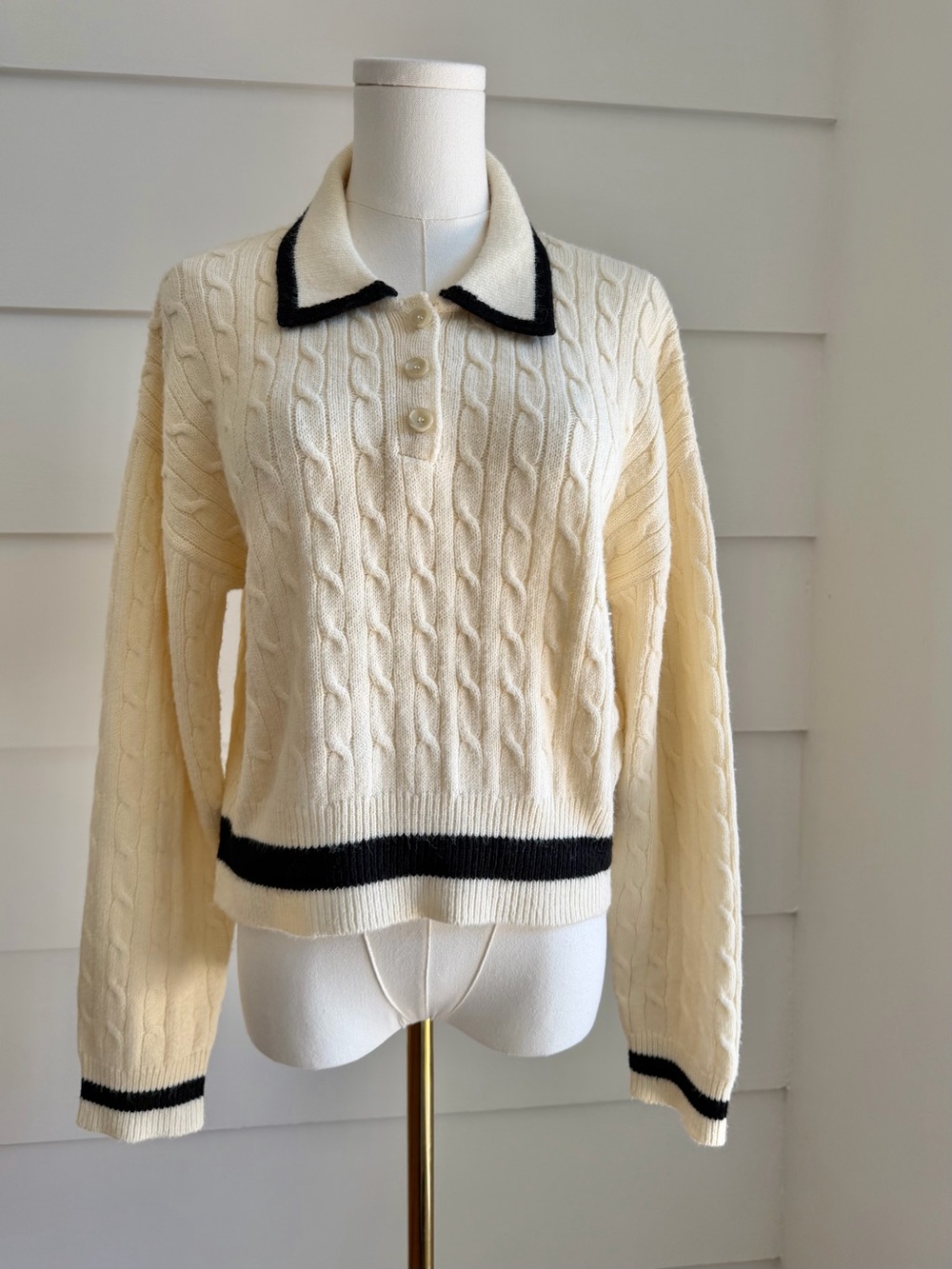Central Park West Bobbie Polo Pullover Cable Knit Sweater